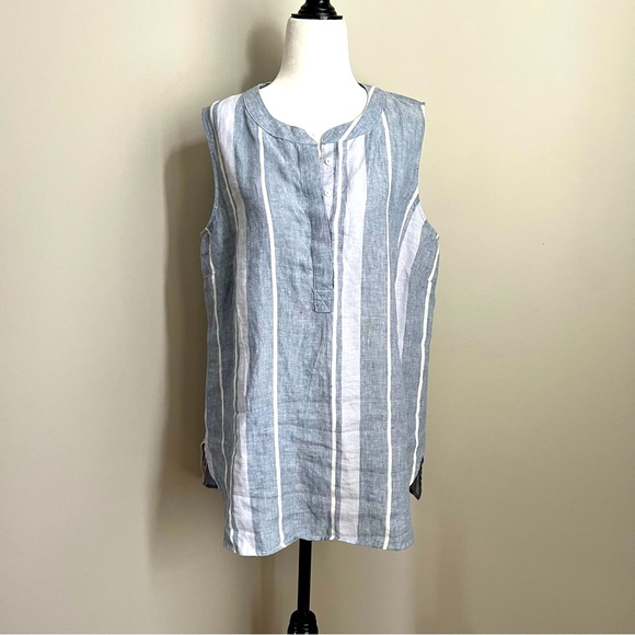 Ellen Tracy Linen Sleeveless Blue White Stripe Blouse - size L - Picture 1 of 7